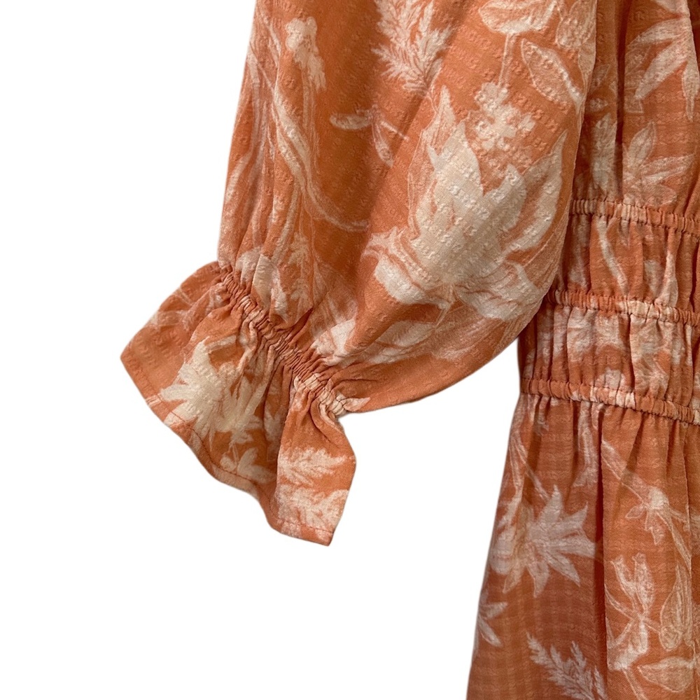 H&M Peach/Coral Peasant Mini Dress Boho Puff Sleeve Smocked Waist Size XS - Picture 3 of 8